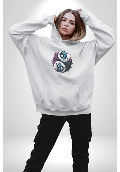 Renkli Yin İle Yang Kuramı Kadın Erkek Beyaz Kapüşonlu Sweatshirt Hoodie Beyaz