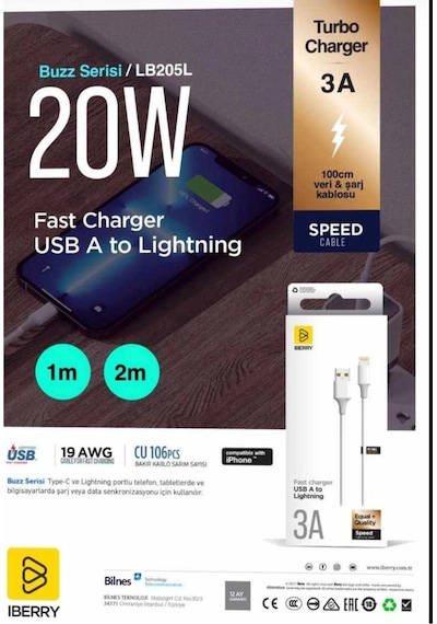 İberry Apple iPhone Uyumlu 20w 3a Usb Lightning Fast Sarj Ve Data Kablosu