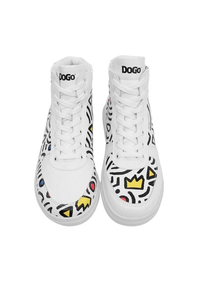 Kadın Vegan Deri Beyaz High Sneakers - Abstract Outline White Tasarım Çok Renkli
