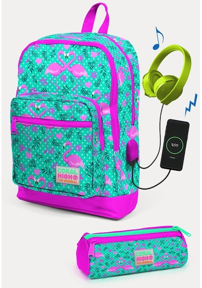 Coral High Kids Su Yeşili Pembe Flamingo Desenli Usb'li 2'li Okul Çanta Seti Set0223812