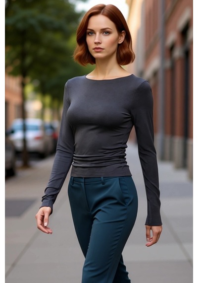 Ersefa Stil Kadın Fitted Vücuda Oturan Büzgü Drape Detaylı Esnek Bluz Cr Antrasit