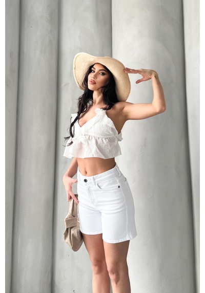 HLT Jeans Kadın Beyaz Yıkamalı Mom Fit Yüksek Bel Likralı Denim Şort Lily-2078