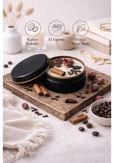 Dekoratif Lüks Soya Mum,el Yapımı Doğal Mum,metal Kutu, Gül Detay Ev Hediyesi, Kahve Kokulu 100 G Kahverengi - Pembe