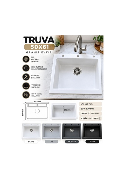 Granit Evye Truva Series Beyaz Renk En:500mm Boy :610 Mm Derinlik :195 Mm