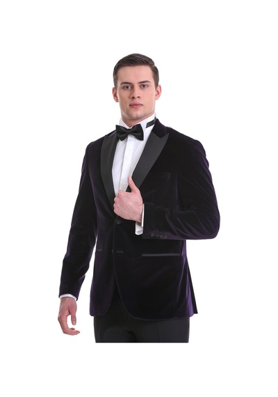 Hatemoğlu Mor Slim Fit Düz Sivri Yaka Kadife Klasik Smokin Damatlık 331221 Mor