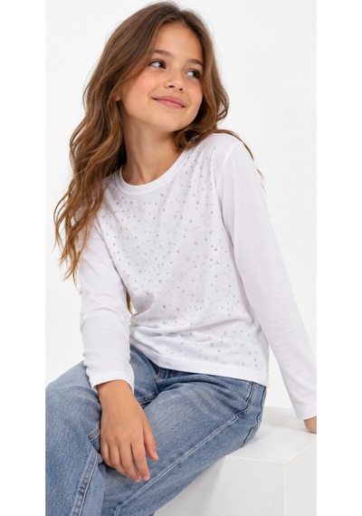 İrem Kız Çocuk Üzeri Taş Modelli Uzun Kollu Beyaz Renk Penye İnce Sweatshirt
