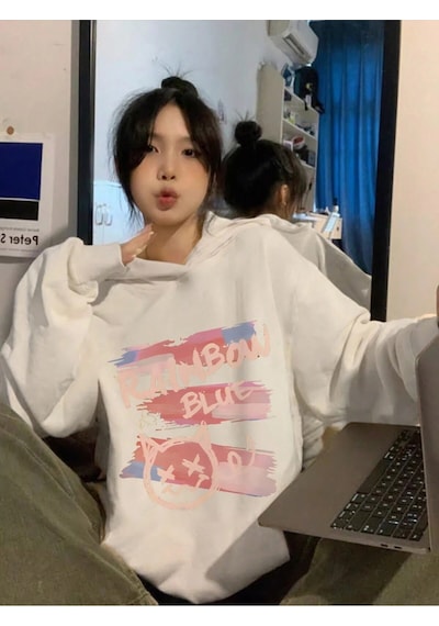 Startmore Letter Graphic Drop Shoulder Oversized Hoodie Beyaz Beyaz