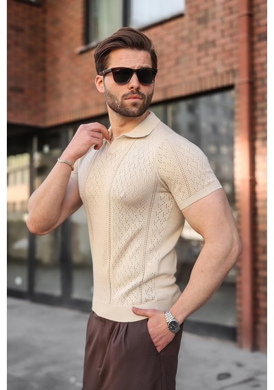 Madmext Taş Rengi Delikli Polo Yaka Erkek Triko Tişört E7495