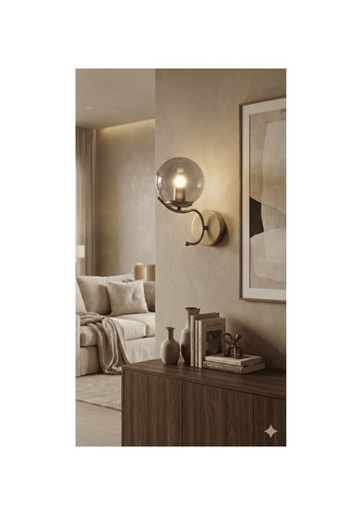 Merla Tekli Eskitme Kasa Füme Cam Küre Dekoratif Pilli Aplik - Minimalist Duvar Lambası - Modern Duvar Aydınlatma Eskitme-füme