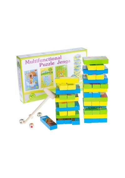 Eğitici Ahşap Resimli Jenga Ve Puzzle Seti - Çekiçli Denge Kulesi Zeka Oyunu Montessori