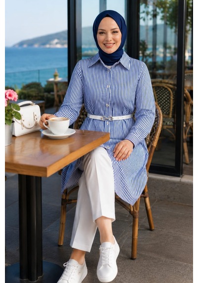 Hb Harma Time Butik Kadın Çizgi Desenli Kemerli Keten Lacivert Gömlek Lacivert Lacivert Hb Harma Time Butik Kadın Çizgi Desenli Kemerli Keten Lacivert Gömlek Lacivert Lacivert