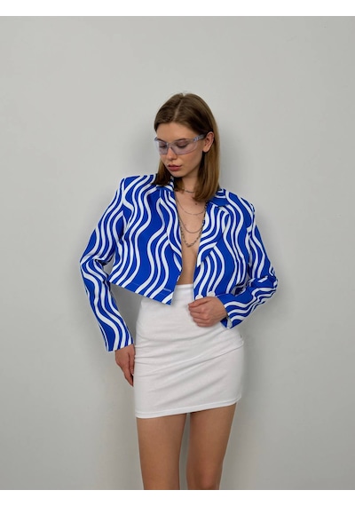 Vuvutasarım Yeni Sezon Desenli Simetrik Katlamalı Yaka Tek Düğme Crop Kadın Blazer Ceket 24s08012 Mavi