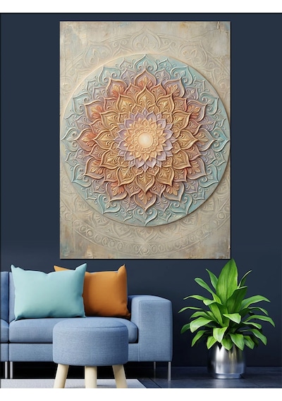 Kabartma Dokulu Mandala Duvar Sanatı Dekoratif Kanvas - Mdf Ahşap Tablo