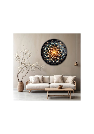 Modern Işıltılı Mandala Desenli Çiçekli Yuvarlak Dekoratif Cam Tablo Lüks Duvar Sanatı Çiçek Temalı Dekoratif Duvar Tablosu, Salon Ve Yatak Odası Dekoru, 100x100 Cm