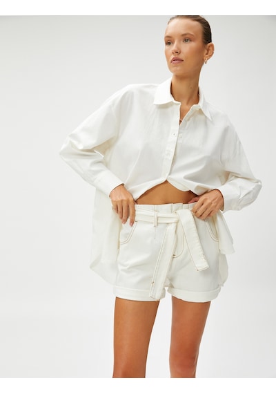 Koton Oversize Gömlek Uzun Kollu Keten Karışımlı Kırık Beyaz 3sak60043pw Ekru