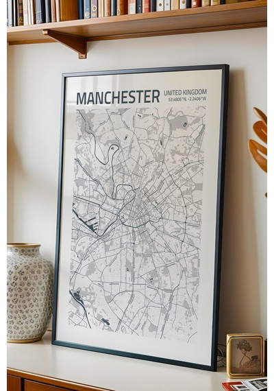 Manchester İngiltere Haritası Çerçeveli Tablo Lüks Salon Ofis Duvar Dekorasyonu Hediyelik Tablo