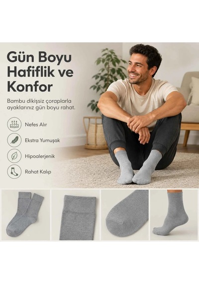 Genel Erkek Bambu Soket Çorap 6 Lı Paket, Dikişsiz Parfümlü Nefes Alan Yumuşak Nem Emic Gri 6'lı / 39-44