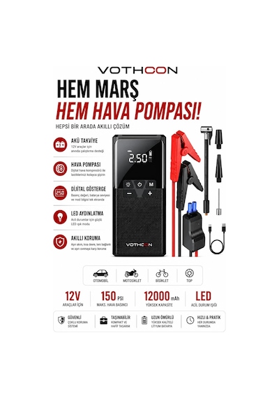 Vothoon12000 Mah Akıllı Akü Takviye Ve Dijital Hava Pompası Akım Korumalı