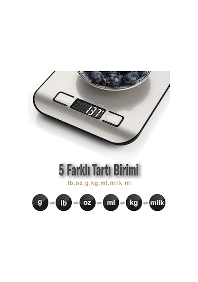 Tr Techfit Tf-1002 Dijital Mutfak Terazisi, 5 Kg Kapasiteli, Paslanmaz Çelik, Lcd Ekran, Dara Fonksiyonlu, G/ml/oz/lb Genel
