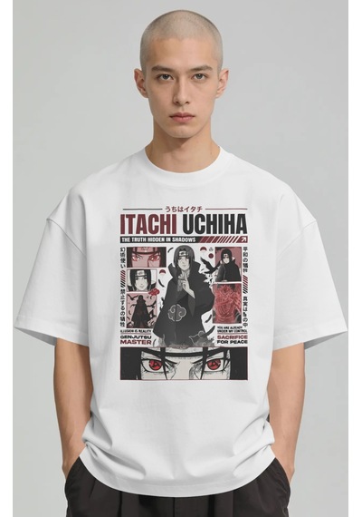 Itachi Uchiha Naruto Anime Baskılı Unisex Oversize Premium Tişört Beyaz