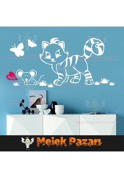 Sevimli Kedi Ve Fare Çocuk Odası Duvar Sticker