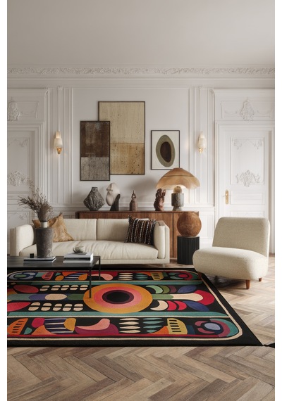 Artevo 06 Siyah Renkli Desenli Halı Modern Püsküllü Geometrik Mutfak Oturma Odası Salon Halısı Renkli F