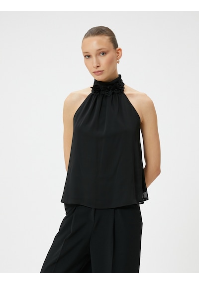 Koton Halter Yaka Bluz Şifon Çiçek Aplikeli Siyah 4sak60342uw