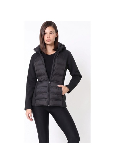 CEMO Kapüşonlu Softshell Kollu Şişme Kadın Mont Siyah