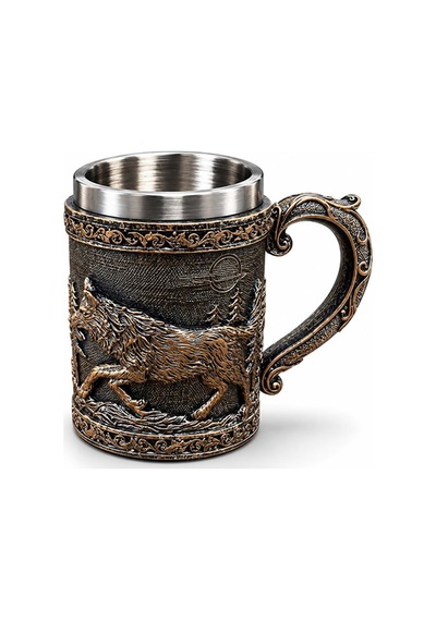 Antik Kurt Figürlü Viking Tasarımlı Metal Kupa Diğer