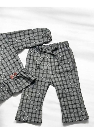 Çikoby Kız Bebek Kareli Bebek Yaka Örme Pantolonlu Takım-14882 Gri