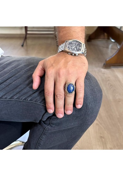 Gerçek Doğal Taş Yüzük - 925 Ayar Gümüş El Yapımı Yüzük Lapis Lazuli Gümüş