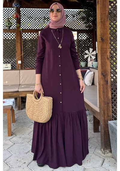 Rabia Şamlı Süreyya Gömlek Elbise Mürdüm Normal