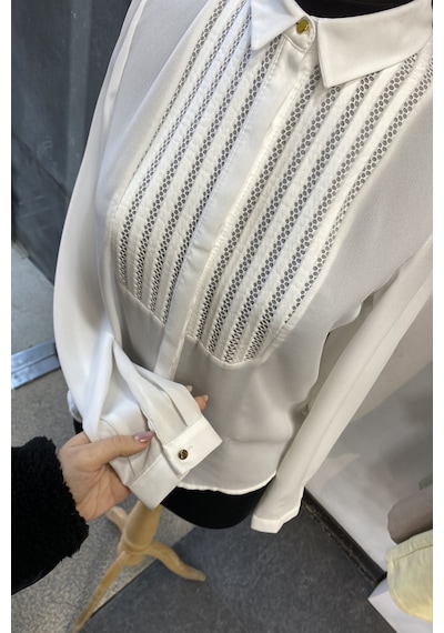 Pera Moda Önü Dantelli Küçük Ve Büyük Beden Şık Gömlek Beyaz