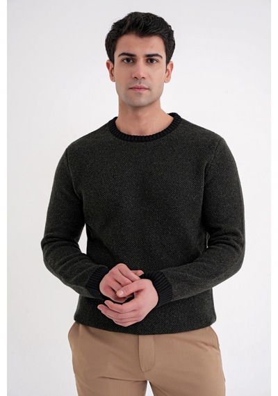 Slim Fit Renkli Ribanalı Siyah Haki Yünlü Bisiklet Yaka Triko Kazak Tr 890 Siyah-haki