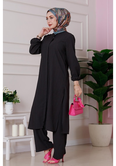 Sevitli Yırtmaç Detaylı Tunik Pantolon Takım-siyah-4860