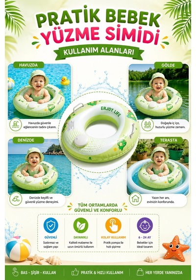Bebek Yüzme Simidi Bas Şişir Pratik Pompa Gerektirmeyen Ebeveyn Tutma Yerli Çift Emniyetli Yeşil Sim