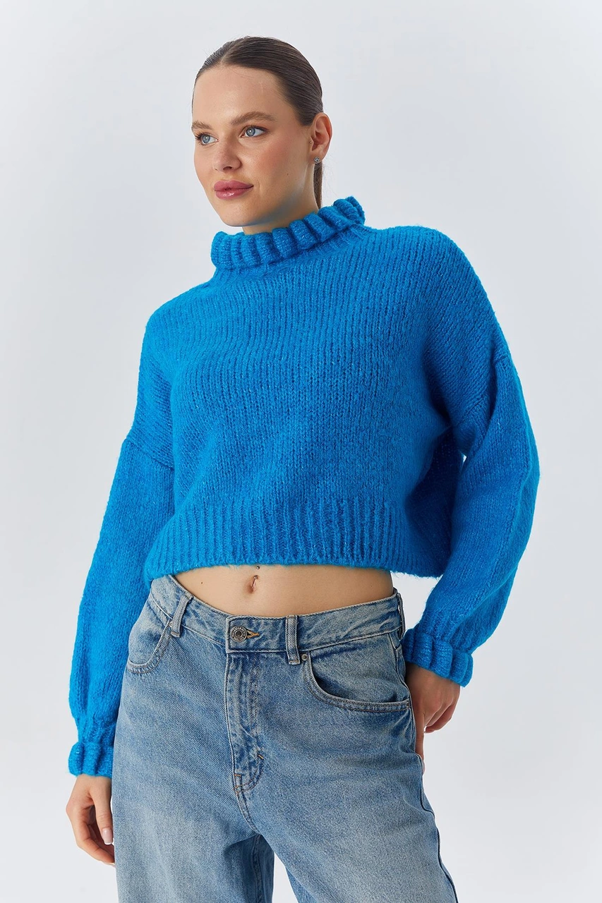 Mixray 6883 Kadın Fırfır Detay Crop Triko Kazak Mavi