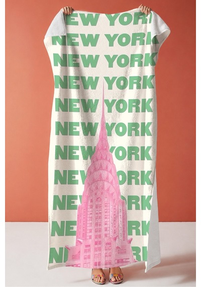 Şehir Temalı New York Plaj Havlusu - Modern Tipografik Pembe Yeşil Hızlı Kuruyan Mikrofiber Havlu Çok Renkli