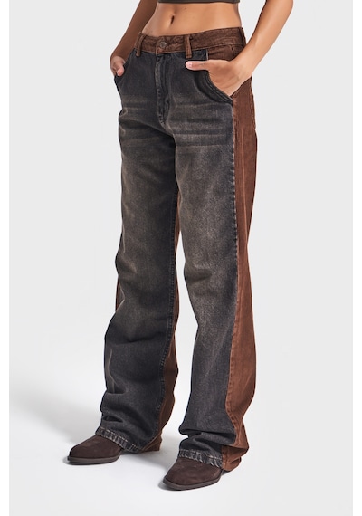 Itsbasic Kadın Füme Kahverengi 2w5-87 Loose Fit Denim Kadife Kumaş Parçalı Tasarım Pantolon Füme Kahve