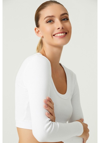 Los Ojos X Melodi Beyaz Pamuklu Fitilli Uzun Kollu Crop Spor Bluz Long Sleeve Beyaz