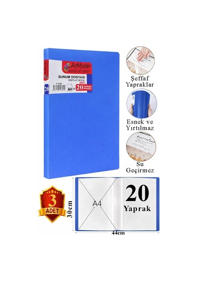 Mavi Sunum Dosyası 20 Li 3 Adet Poşet Dosyalı Katalog Dosyası 20 Poşetli Kendinden Dosya Plastik Kapaklı