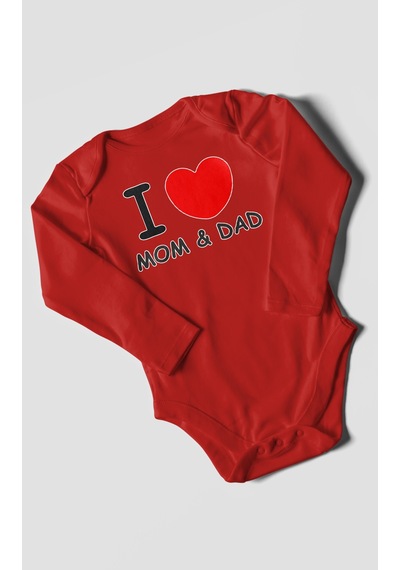 I Love Mom And Dad Baskılı Bebek Zıbını Çıtçıtlı Body %100 Pamuk Uzun Kol Kırmızı