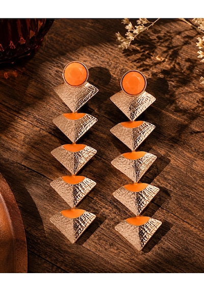 Geometrik Tasarım Taş Detaylı Sallantılı Küpe Turuncu