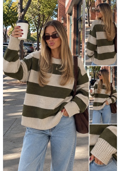 Nilza Barcelona Kadın Oversize Bisiklet Yaka Çizgili Kazak Haki