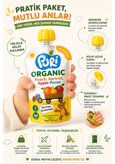 Organic %100 Organik Meyve Püresi Şeftali - Kayısı - Elma 100 G İlave Şekersiz