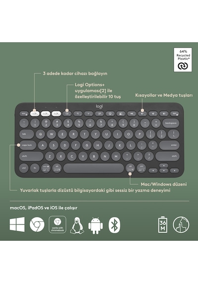 Logitech K380s Pebble Keys 2 Çoklu Cihaz Özellikli Bluetooth Türkçe Q Klavye - Siyah