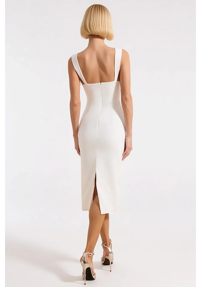 Benerly Kadın Bodycon Midi Elbise V Yaka Askılı Dokuma Finike Astarsız Dü Ekru