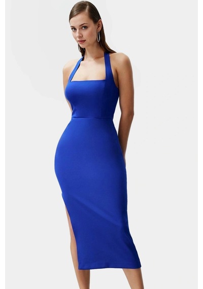Ersefa Kadın Bodycon Midi Elbise Kare Yaka Finike Dokuma Yazlık Şık Elbi Saks