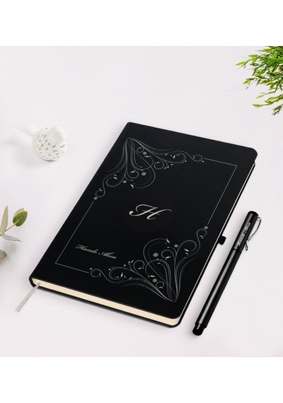 Kişiye Özel Baş Harf İsim Tasarımlı Siyah Defter Kalem Seti-1