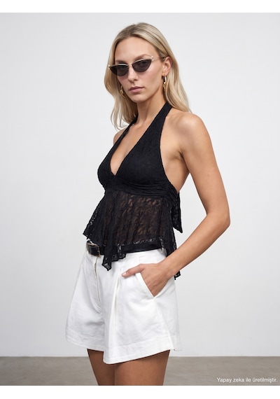 Dilvin 21228 Dantel Halter Yaka Top-siyah